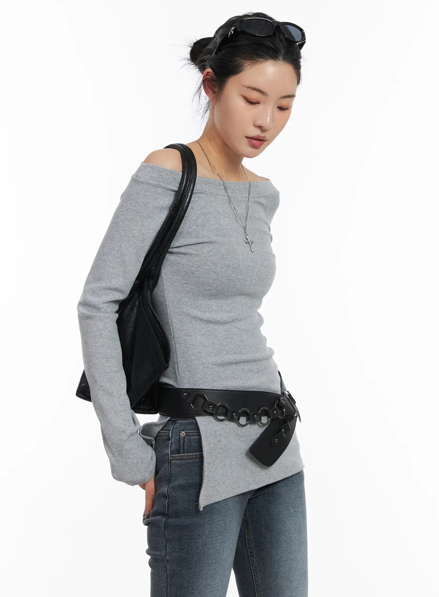 off-shoulder-slit-long-sleeve-top-cd509 / Gray