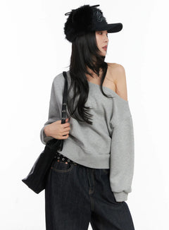 one-shoulder-fleece-sweatshirt-cd508 / Gray
