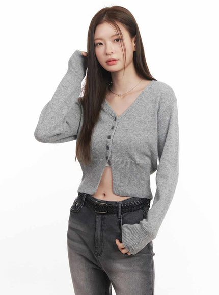 buttoned-v-neck-cropped-cardigan-ca502 / Gray