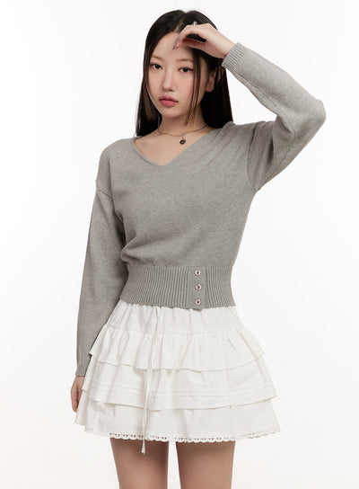 buttoned-v-neck-crop-sweater-cm510 / Gray