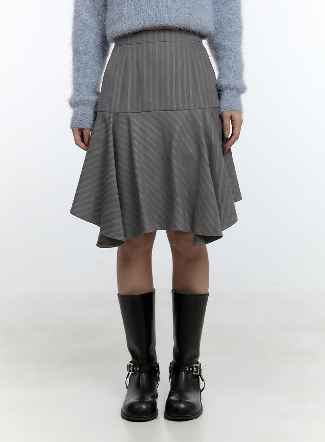 striped-flare-ruffle-midi-skirt-cd423 / Gray