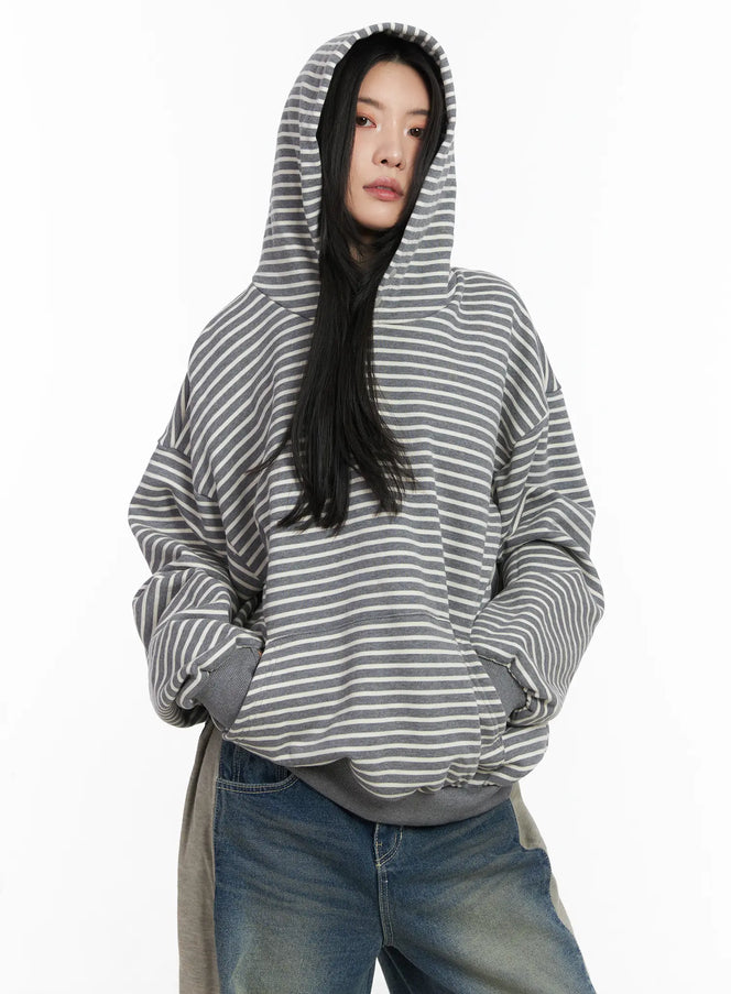 oversized-striped-fleece-hoodie-cd505 / Gray