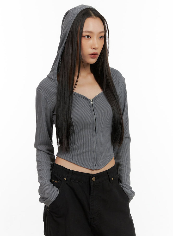 zip-up-hooded-crop-top-co424 / Gray