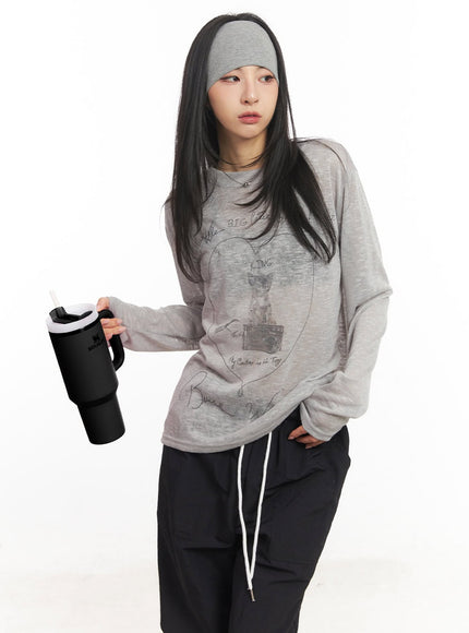 sheer-art-graphic-long-sleeve-top-ca504 / Gray