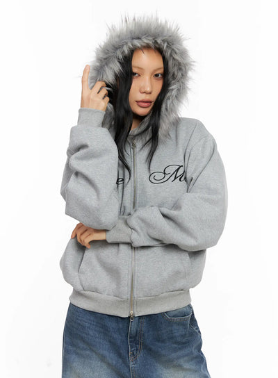 oversized-fur-zip-up-hoodie-co529 / Gray