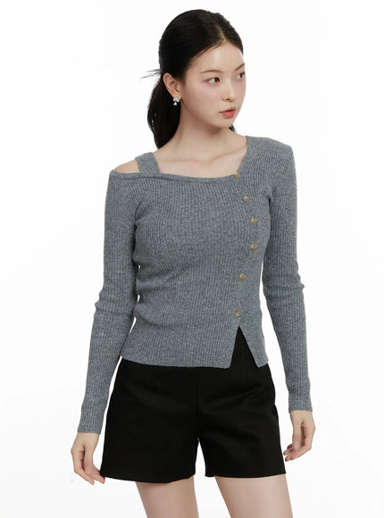 asymmetric-button-long-sleeve-knit-top-f502 / Gray