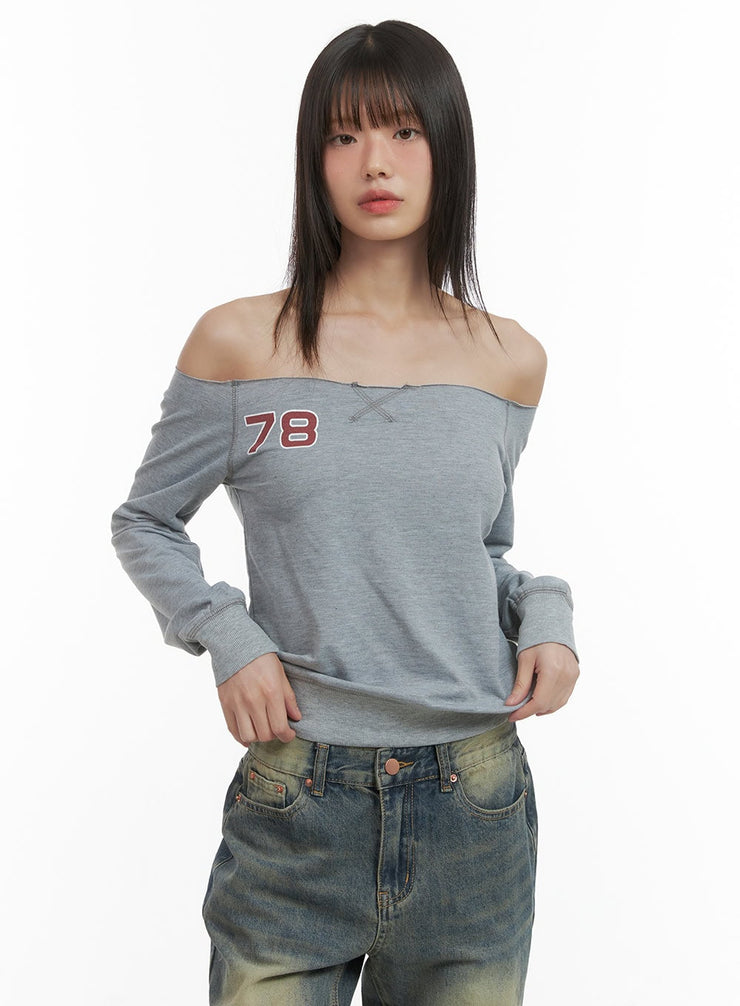 off-shoulder-cotton-lettering-top-co410 / Gray