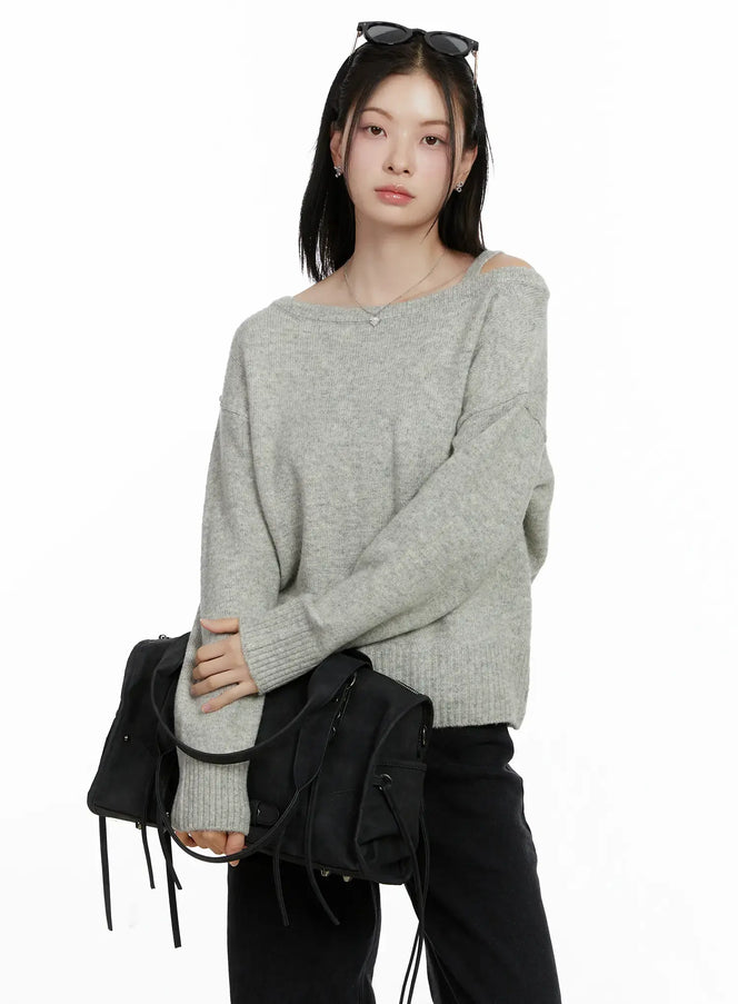 oversized-off-shoulder-knit-sweater-f502 / Gray