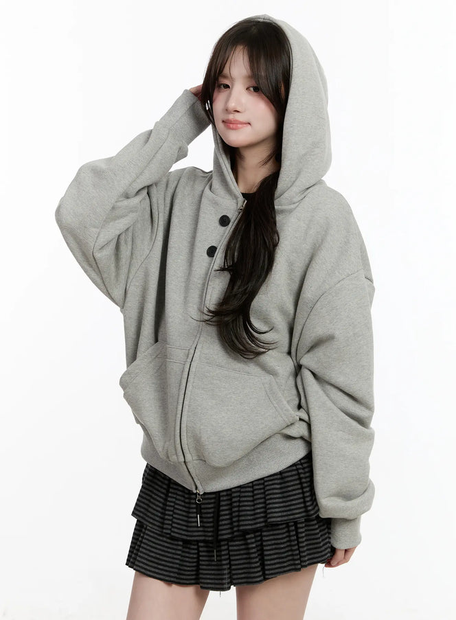 oversized-button-detail-zip-up-hoodie-cm510 / Gray