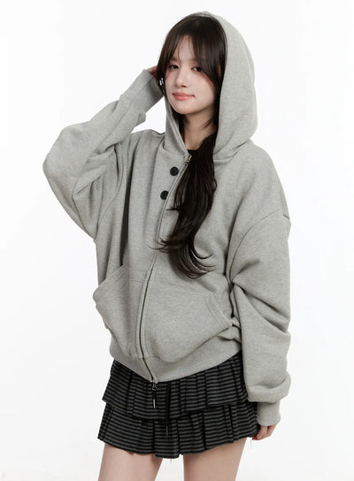 oversized-button-detail-zip-up-hoodie-cm510 / Gray