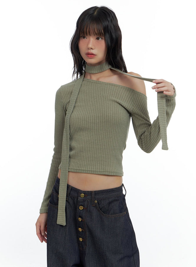 one-shoulder-slim-fit-ribbed-scarf-top-cs420 / Green