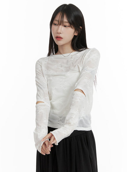 cut-out-sheer-textured-top-ca404 / Light beige