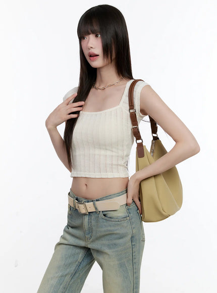 square-neck-cap-sleeve-crop-top-cl504 / Light beige
