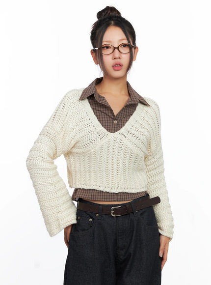 v-neck-cropped-knit-sweater-co515 / Light beige