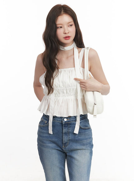 flirty-frill-crop-cami-top-with-scarf-ca501 / White