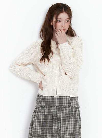waffle-knit-zip-up-cardigan-cg520 / Light beige