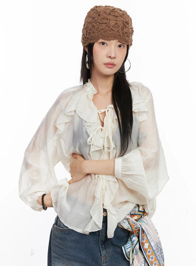 sheer-ruffle-long-sleeve-blouse-co508 / Light beige