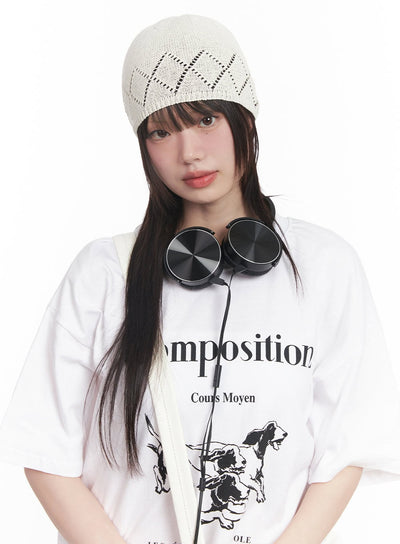 geo-print-linen-beanie-cy520 / White