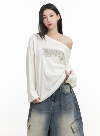 loose-fit-graphic-one-shoulder-top-cf514 / White