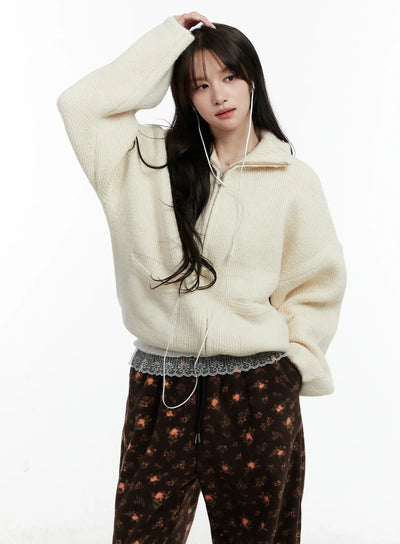 oversized-wool-blend-knit-zip-up-cd514 / Light beige