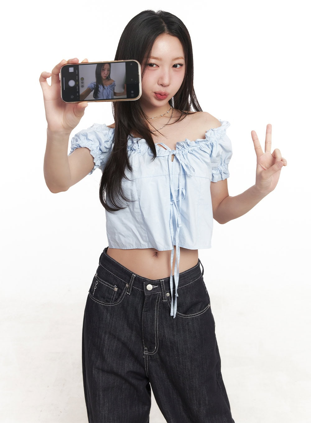 ribbon-off-shoulder-blouse-crop-top-ca529 / Light blue