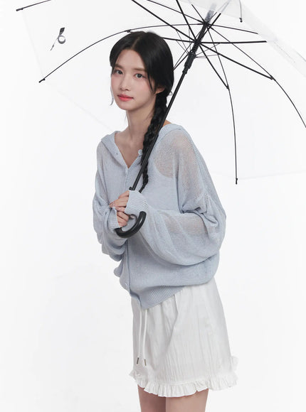 sheer-buttoned-hooded-cardigan-cu523 / Light blue