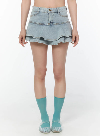 layered-ruffle-denim-skirt-cy514 / Light blue