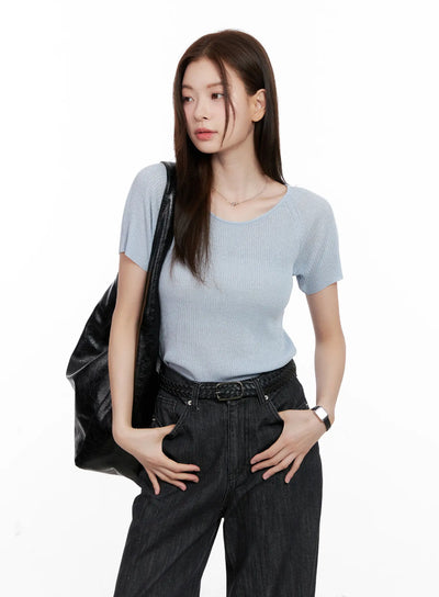 scoop-neck-short-sleeve-knit-top-cl523 / Light blue