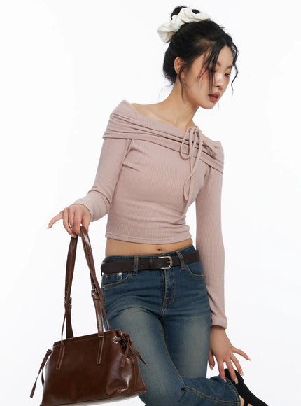 off-shoulder-ribbon-crop-top-cj523 / Light pink