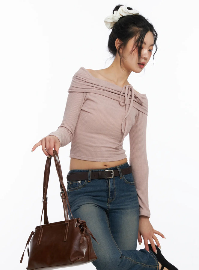 off-shoulder-ribbon-crop-top-cj523 / Light pink