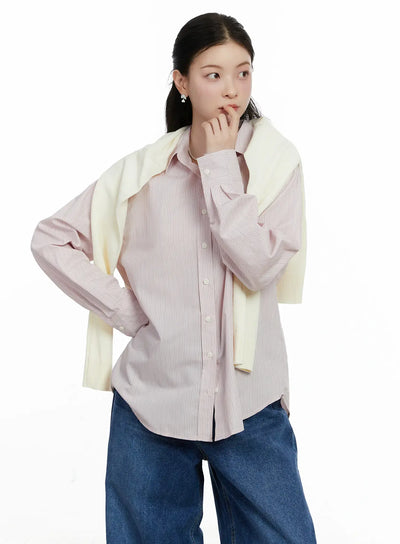relaxed-fit-striped-button-up-shirt-f502 / Pink