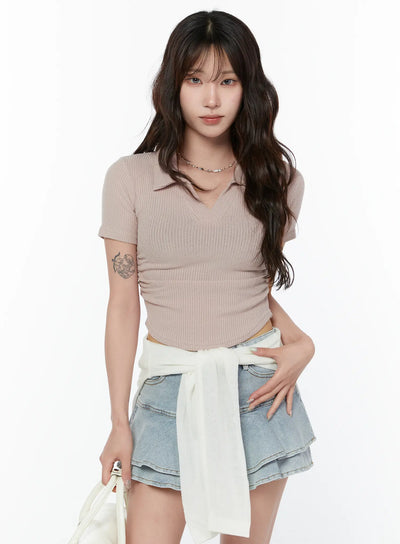 ribbed-v-neck-collared-tee-cy514 / Pink