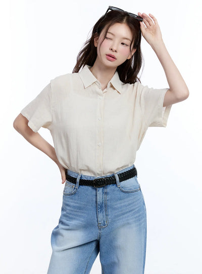 linen-short-sleeve-collared-cu513 / light beige