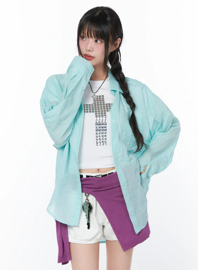 summer-checkered-button-up-shirt-ca528 / Mint