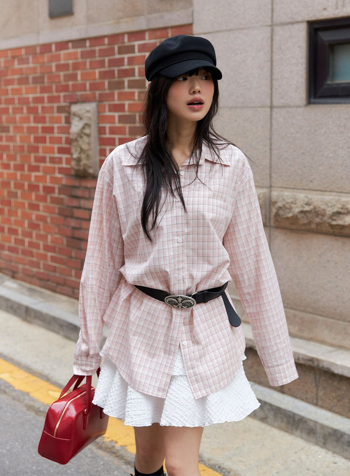 collar-checks-button-long-sleeve-blouse-cm413 / Pink