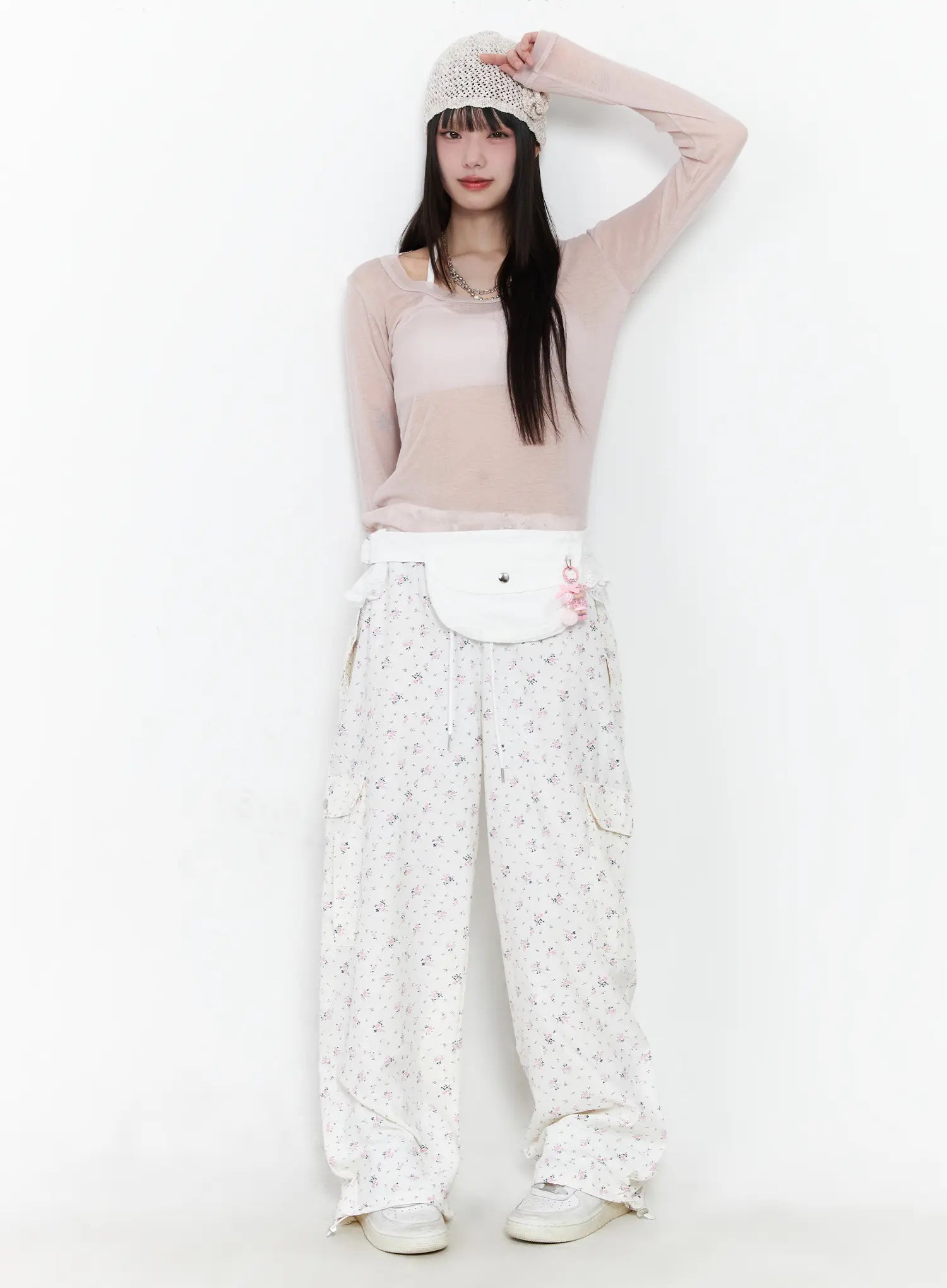 vintage-floral-wide-leg-pants-cm526 / Pink