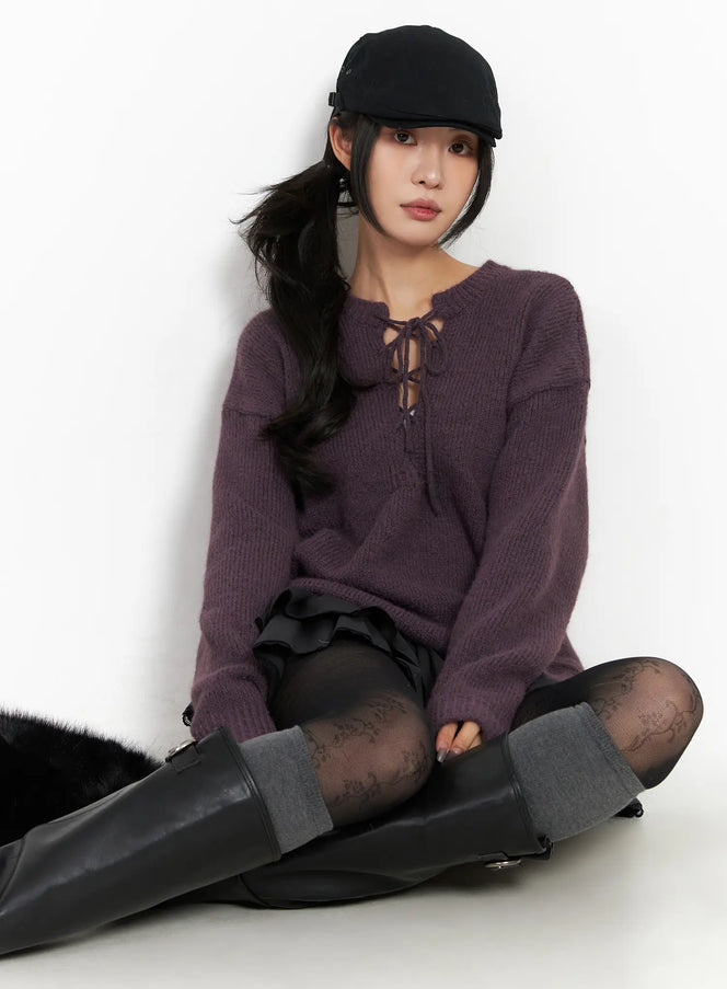 two-way-eyelet-lace-up-knit-sweater-cd505 / Purple
