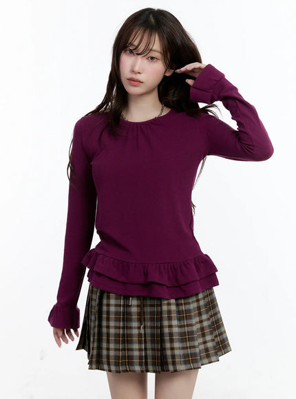 ruffled-frill-hem-u-neck-blouse-cn525 / Purple