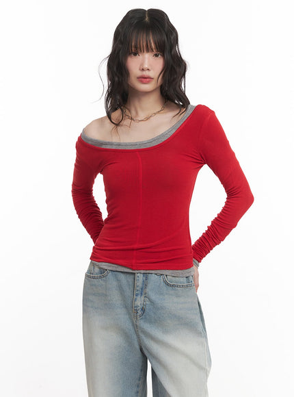 wool-blend-one-shoulder-long-sleeve-top-cm520 / Red