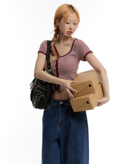 stripe-buttoned-crop-top-cy501 / dark red