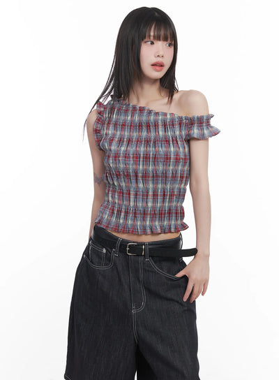 plaid-frill-one-shoulder-crop-top-cu519 / Red