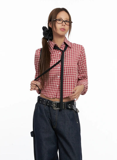 checkered-crop-long-sleeve-cs522 / Red