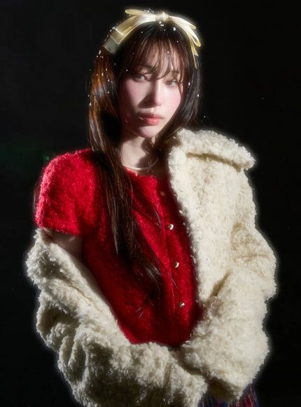 fuzzy-short-sleeve-cardigan-cn525 / Red