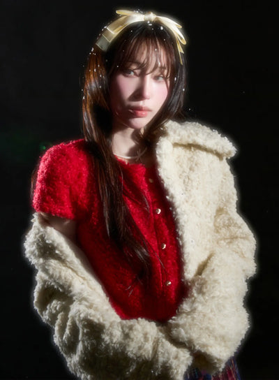 fuzzy-short-sleeve-cardigan-cn525 / Red