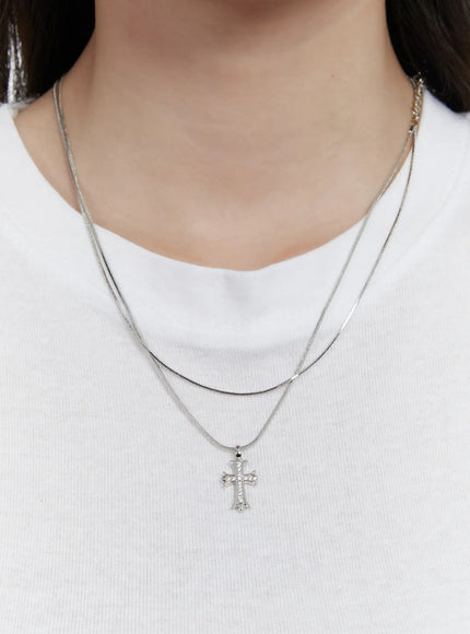 sparkling-cross-double-layer-necklace-f502 / Silver