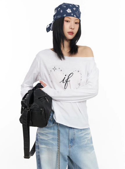 off-shoulder-graphic-long-sleeve-top-cf526 / White