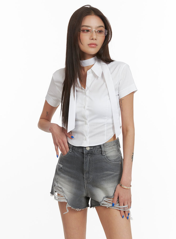 buttoned-collar-crop-shirt-with-scarf-cy424 / White