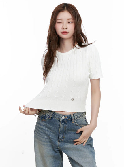 cable-knit-short-sleeve-sweater-cg521 / White