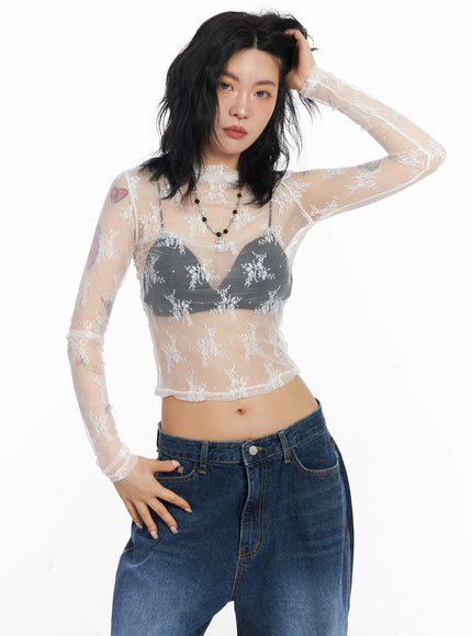 floral-mesh-see-through-long-sleeve-top-cj522 / White