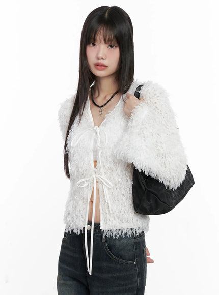 faux-fur-ribbon-cardigan-cn511 / White